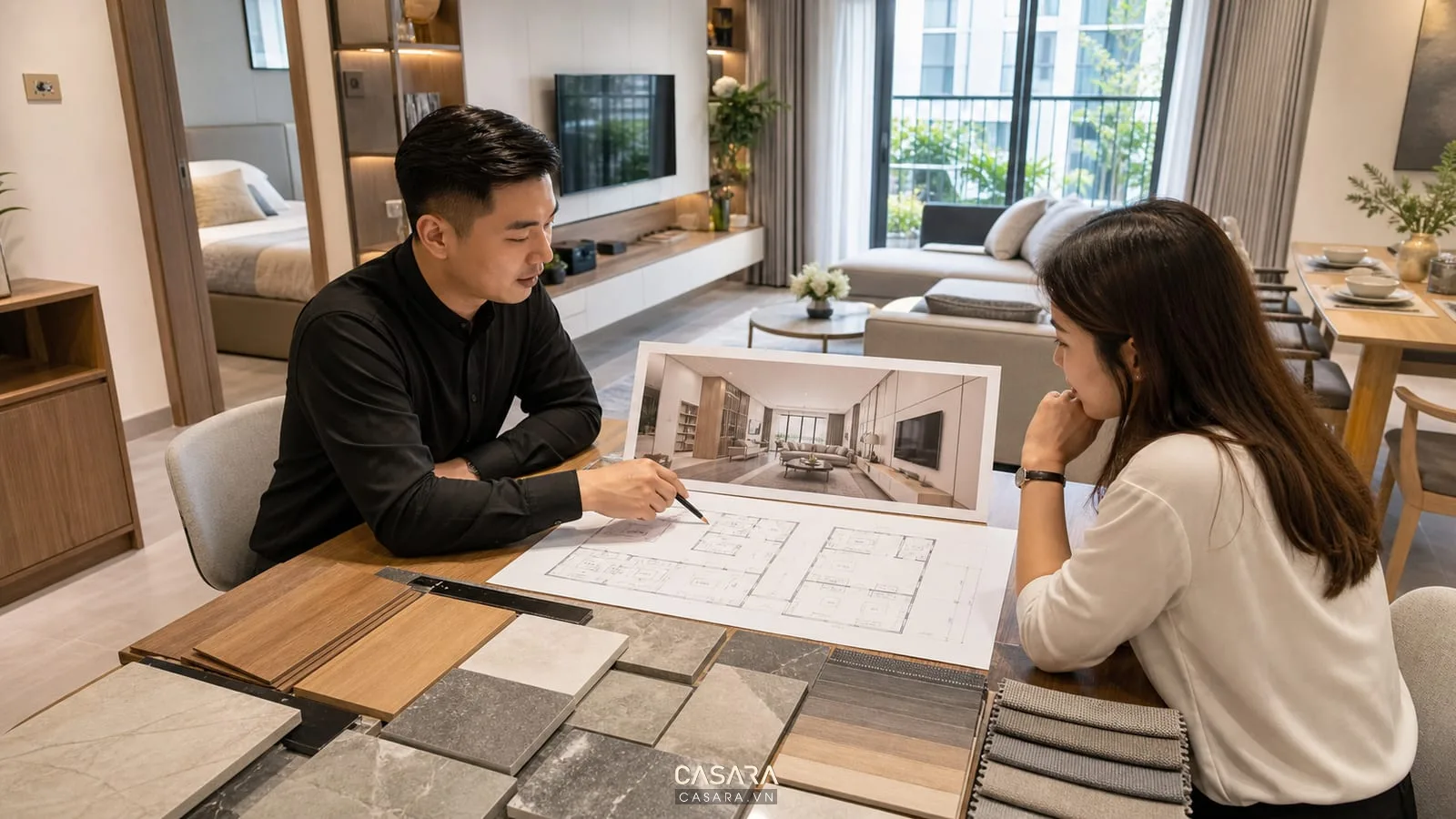 tư vấn thiết kế nội thất chung cư 56m2 với bản vẽ và vật liệu