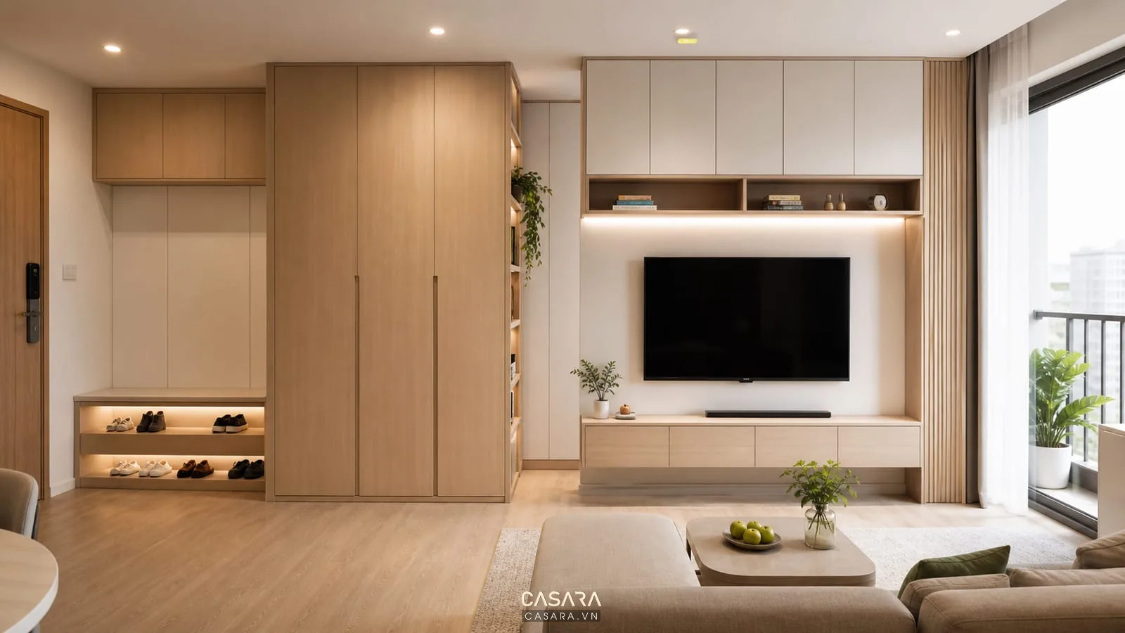 Hệ tủ lưu trữ trong thiết kế nội thất căn hộ chung cư 57m2