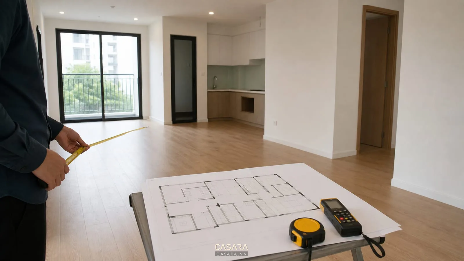 Đo đạc hiện trạng căn hộ chung cư 60m2 với mặt bằng thước đo phòng khách và khu bếp