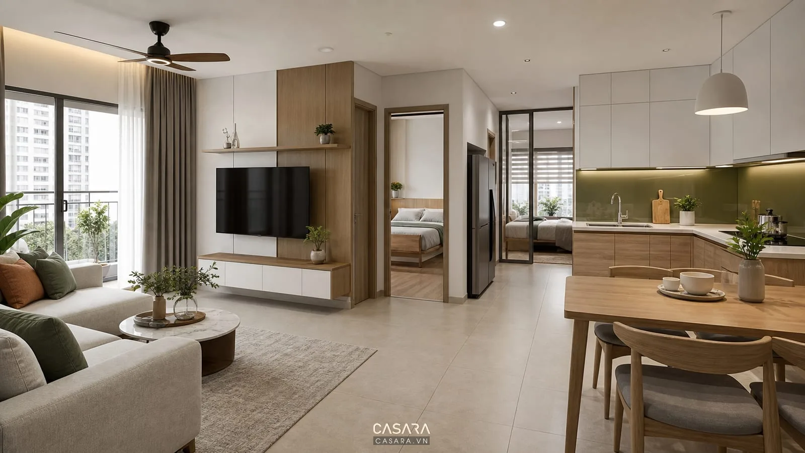 Thiết kế nội thất chung cư 62m2 với phòng khách liền bếp sofa bàn ăn tủ bếp và hai phòng ngủ