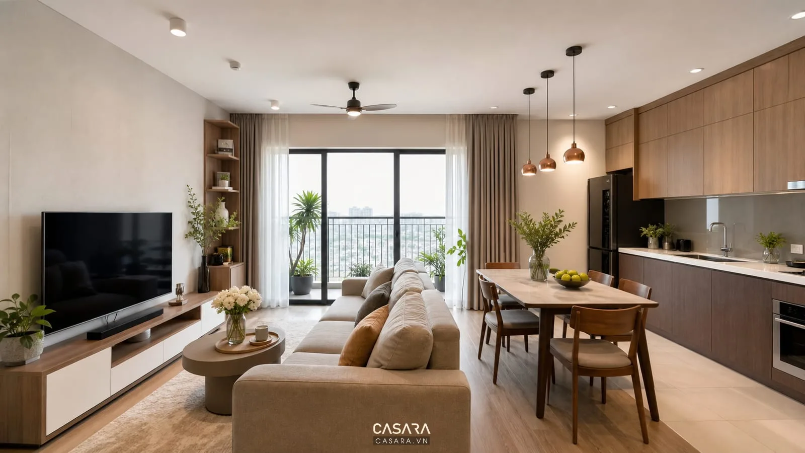 Thiết kế nội thất chung cư 62m2 khu phòng khách bếp với sofa kệ tivi bàn ăn và tủ bếp