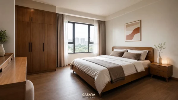 Phòng ngủ chung cư có giường gỗ, tủ áo kịch trần và cửa sổ lớn