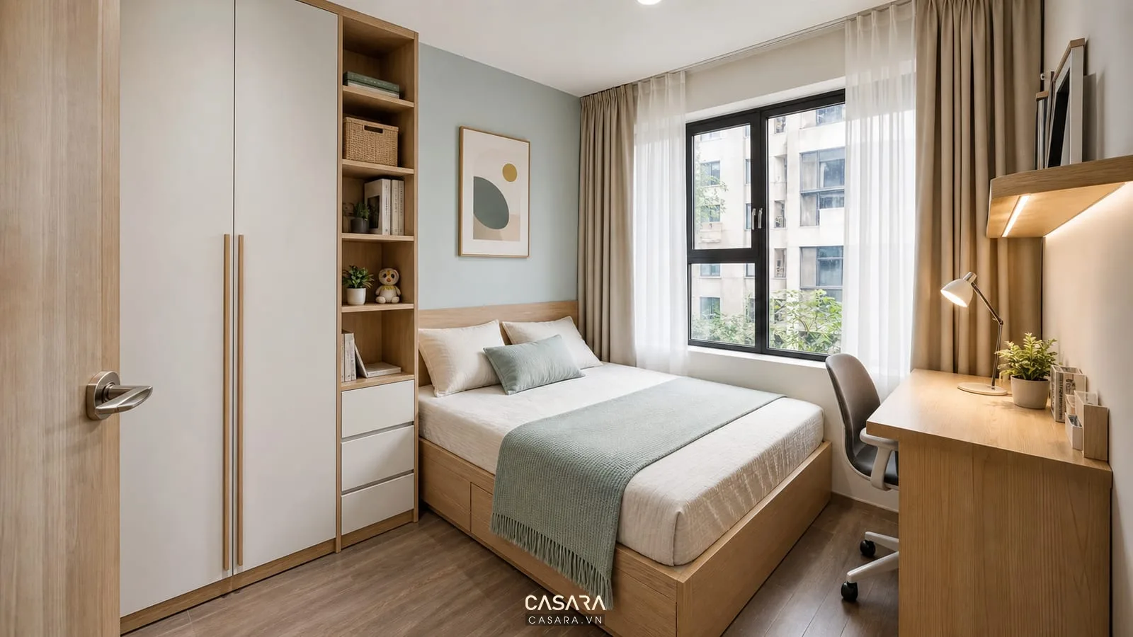 Căn hộ chung cư 2PN 62m2 với phòng ngủ chính phòng ngủ phụ tủ áo bàn học nhỏ và giường đơn