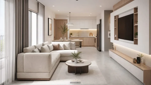 Phòng khách chung cư 65m2 với sofa sáng màu, kệ tivi gọn và bếp mở phía sau