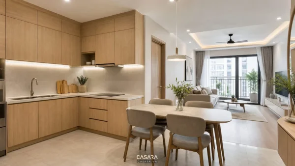 Bếp chung cư liền phòng khách có tủ gỗ chữ L và bàn ăn bốn ghế