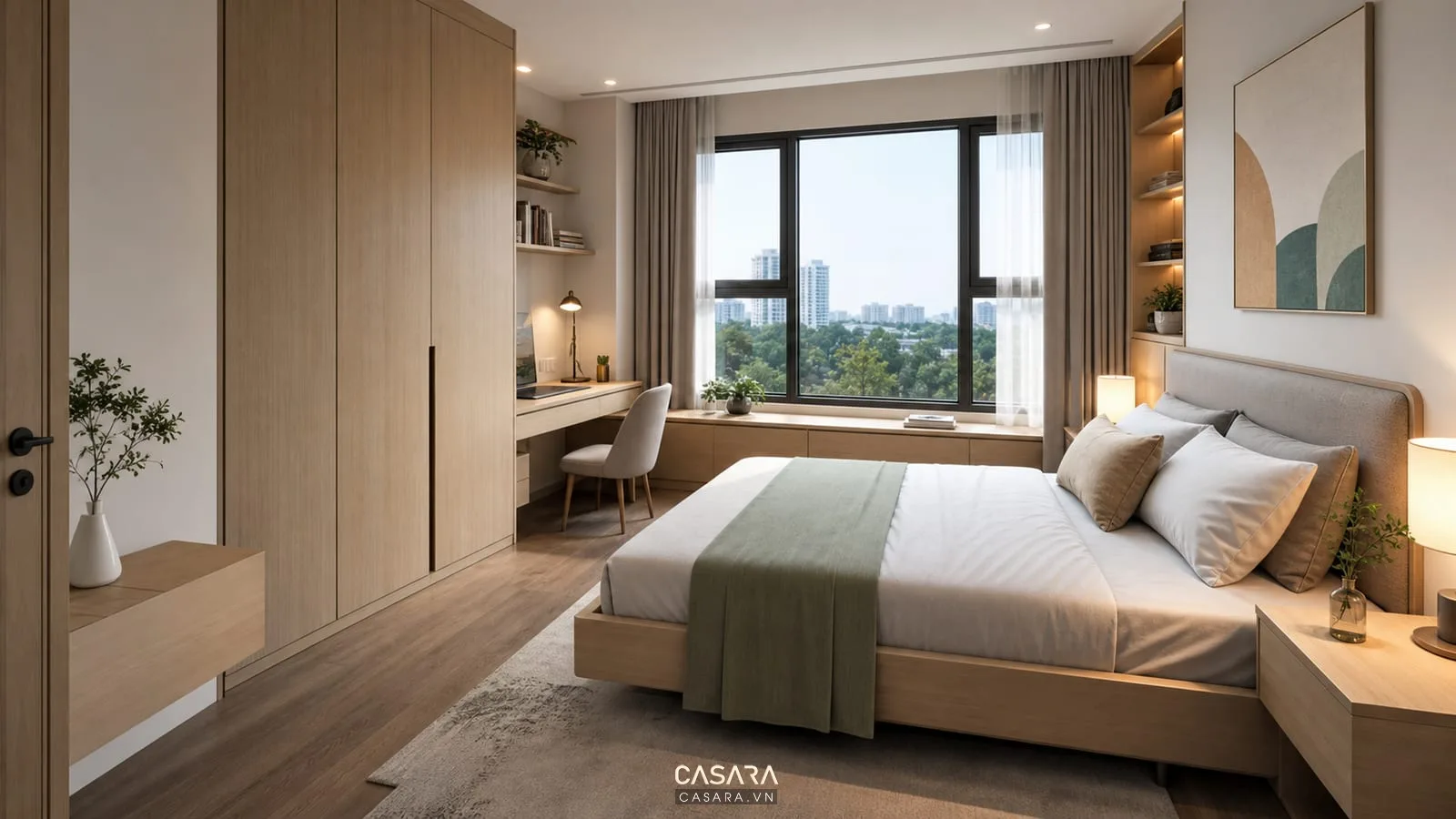 phòng ngủ chung cư 65m2 có giường gỗ sáng tủ áo kịch trần và bàn làm việc nhỏ