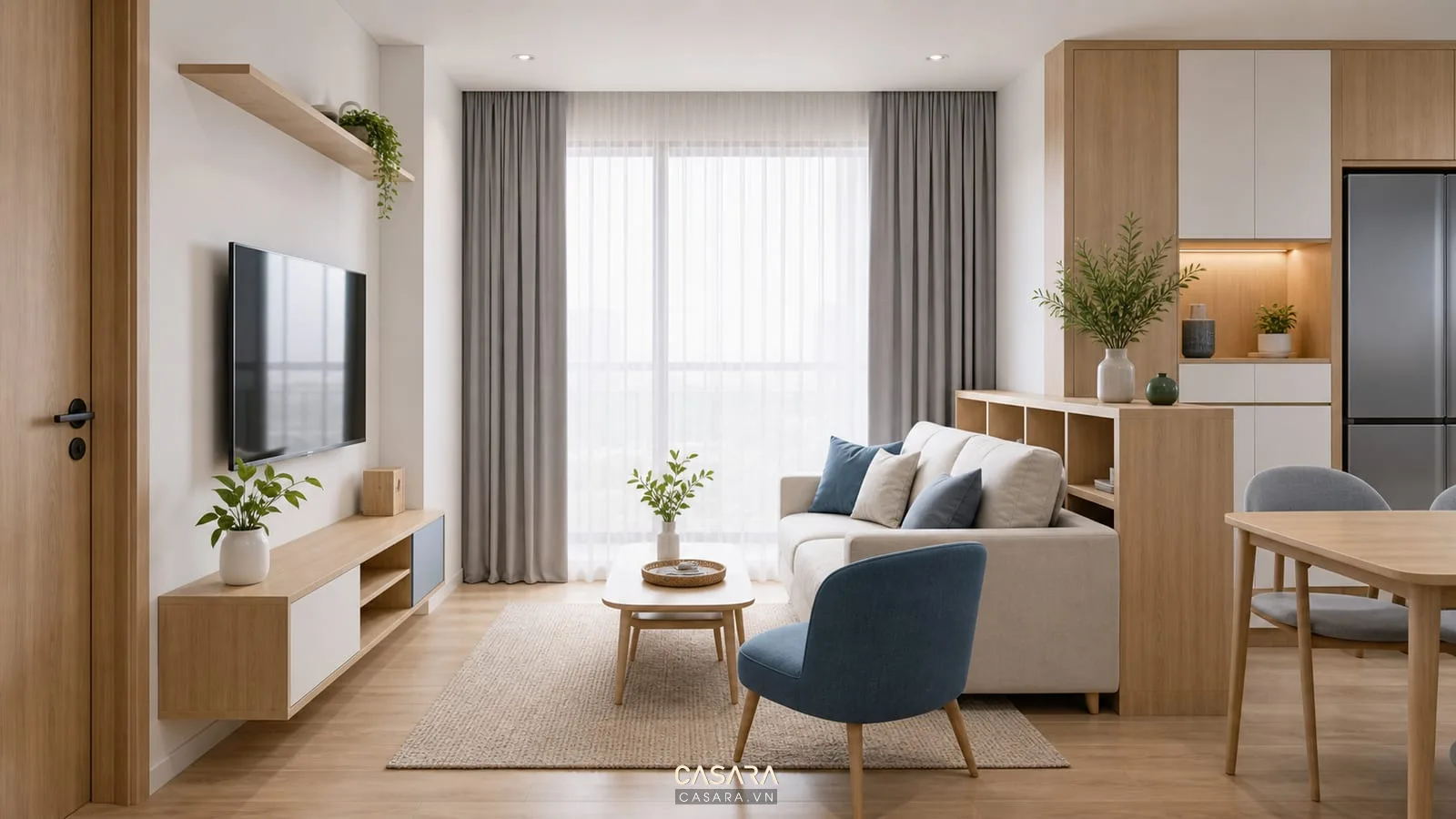 căn hộ chung cư 65m2 tông blue nhẹ với ghế xanh tủ gỗ sáng và rèm hai lớp