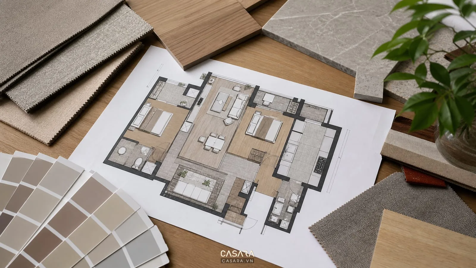 bản vẽ mặt bằng thiết kế nội thất chung cư 65m2 với mẫu gỗ đá vải sofa và bảng màu