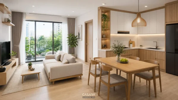 thiết kế nội thất chung cư 68m2 với phòng khách bếp mở và nội thất gỗ sáng