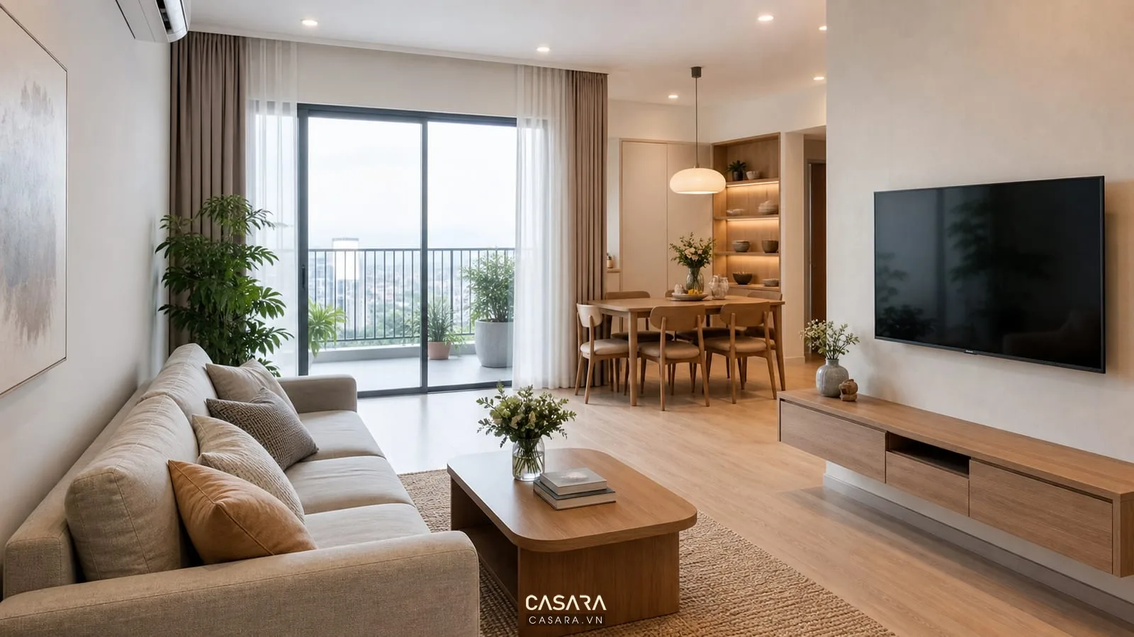 phòng khách trong thiết kế nội thất chung cư 68m2 có sofa bàn ăn và ban công