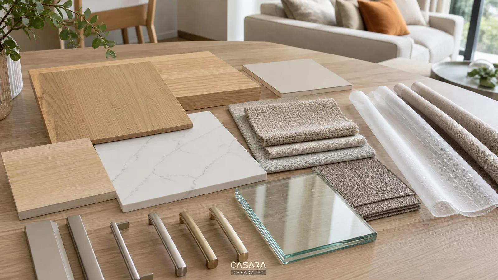 bảng vật liệu cho thiết kế nội thất chung cư 68m2 với gỗ đá vải rèm và kim loại