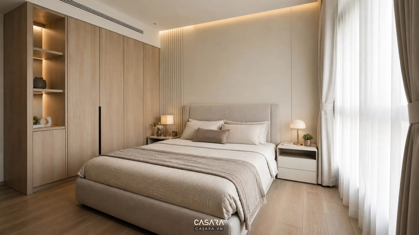 phòng ngủ chung cư 75m2 có giường tủ áo và lối đi quanh giường