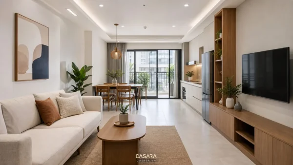 Phòng khách liền bếp căn hộ 75m2 với sofa sáng màu, bàn ăn gỗ và hệ tủ tivi