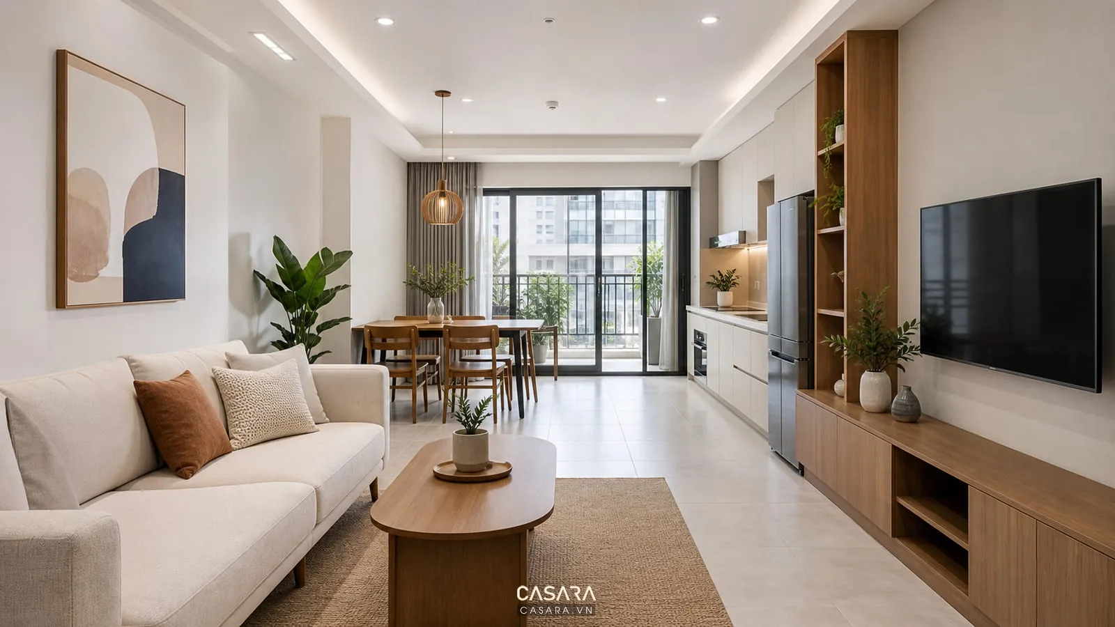 phòng khách bếp trong thiết kế nội thất chung cư 75m2 với sofa bàn ăn và tủ bếp