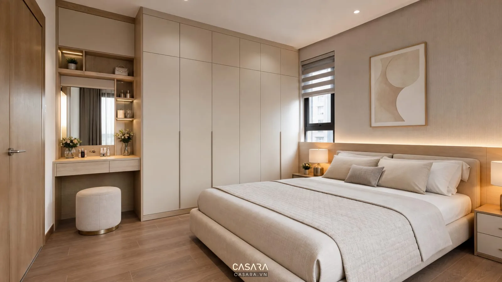 hệ tủ áo phòng ngủ chung cư 75m2 với giường và bàn trang điểm nhỏ