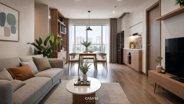 Phòng khách liền bếp căn hộ 77m2 với sofa, bàn ăn và tủ bếp gỗ sáng