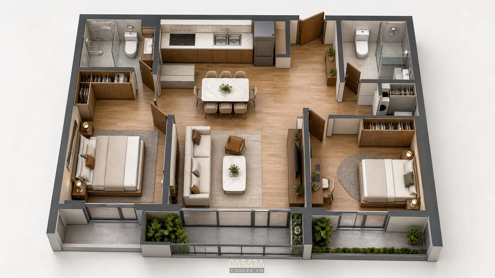 mặt bằng thiết kế nội thất chung cư 77m2 với hai phòng ngủ