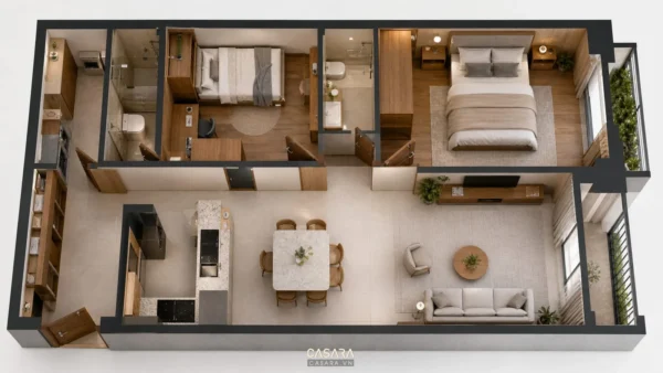Mặt bằng 3D căn hộ 80m2 với hai phòng ngủ, phòng khách liền bếp và ban công