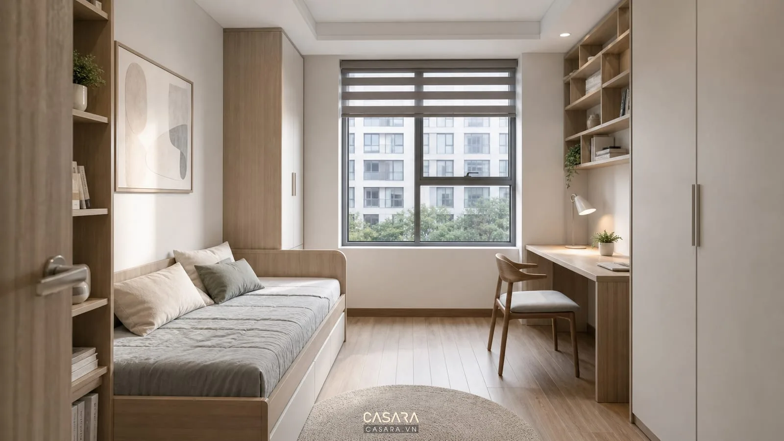 Phòng ngủ phụ chung cư 80m2 với giường đơn bàn học tủ áo và kệ sách
