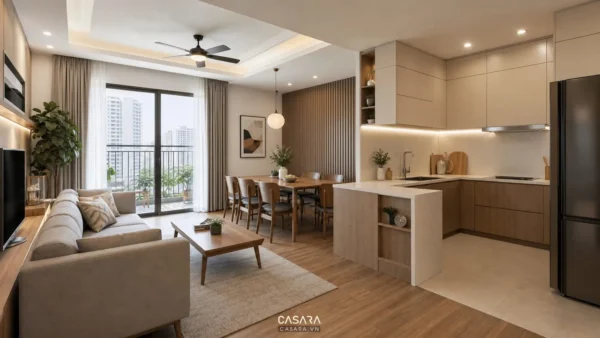Phòng khách bếp chung cư với sofa, bàn ăn, tủ bếp chữ L và ban công lớn