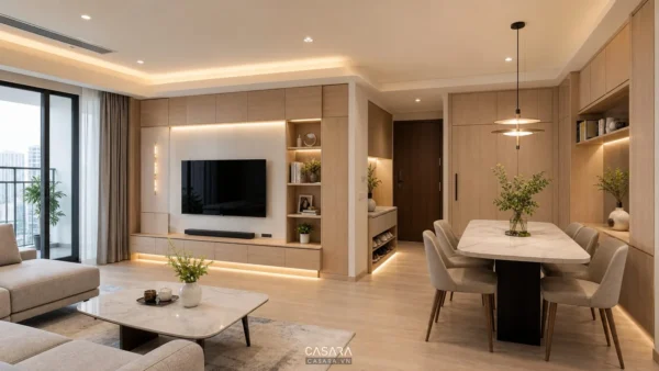 Phòng khách liền bếp chung cư với hệ tủ kịch trần, kệ tivi và ánh sáng ấm