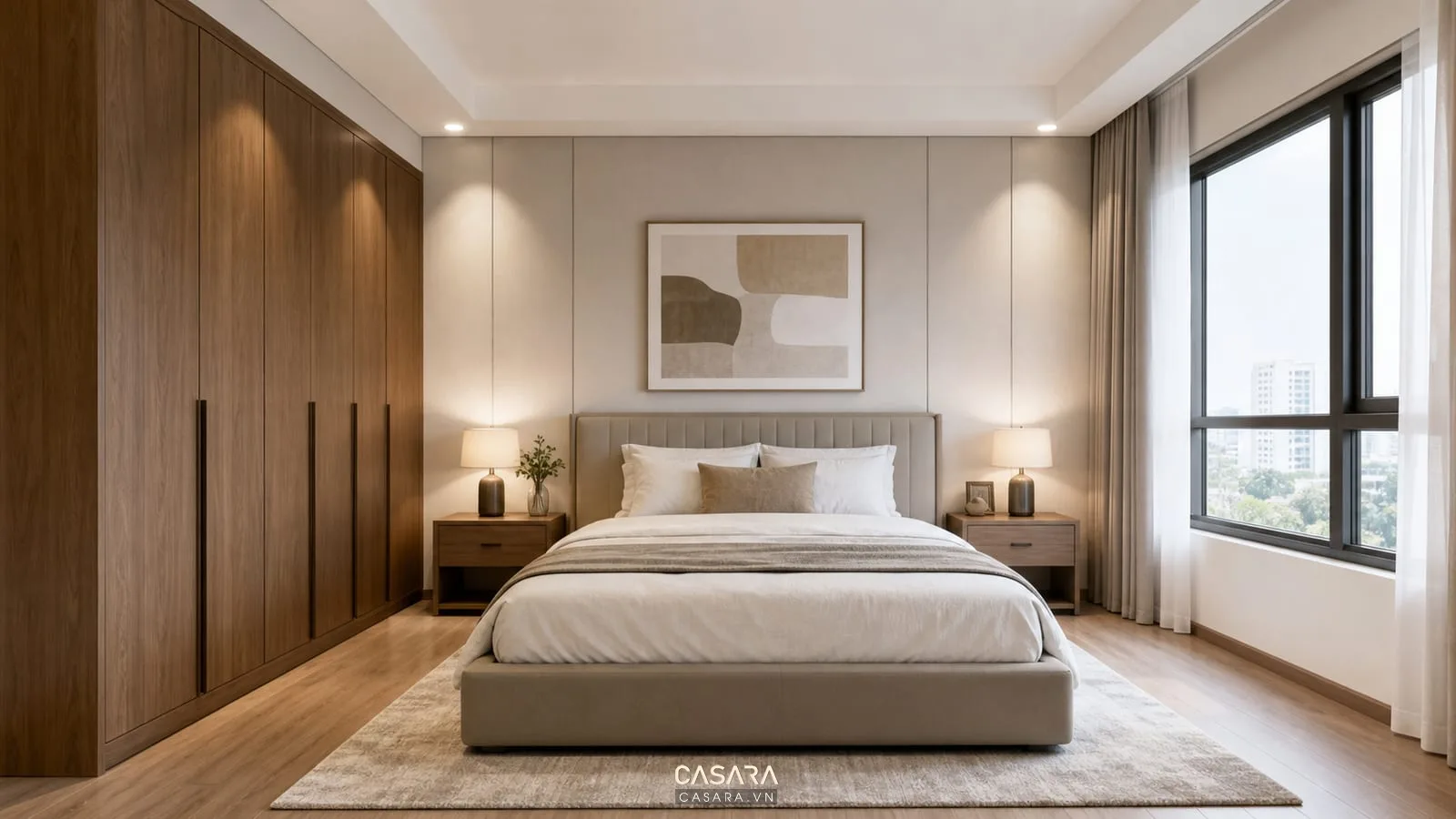 phòng ngủ trong thiết kế nội thất chung cư 85m2 có giường và tủ áo gọn gàng