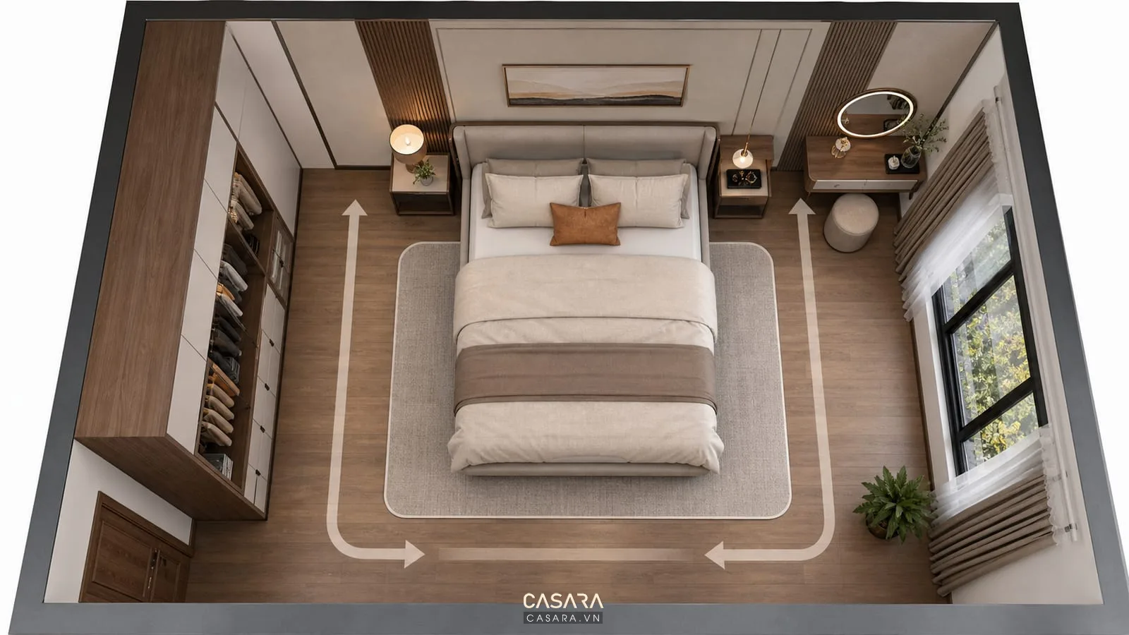 mặt bằng phòng ngủ chung cư 85m2 với lối đi quanh giường