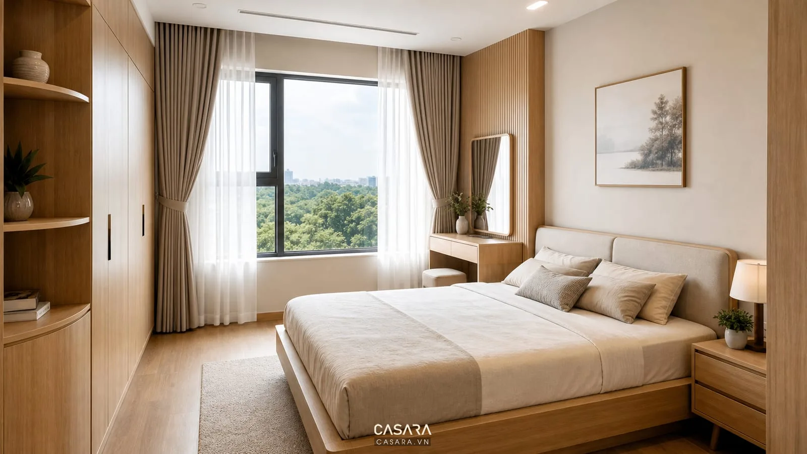 phòng ngủ chung cư 85m2 có cửa sổ lớn và rèm hai lớp