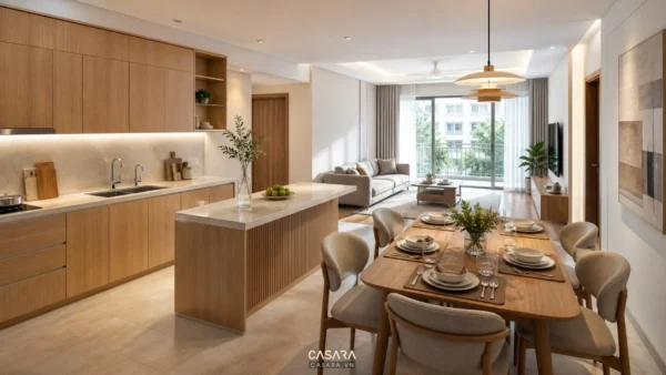 Không gian bếp, bàn ăn và phòng khách liên thông với tủ gỗ sáng màu