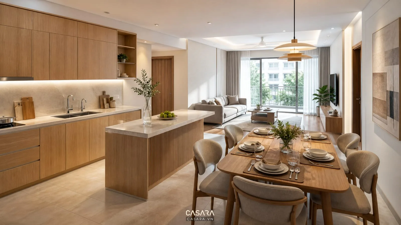 bếp bàn ăn liên thông trong thiết kế nội thất chung cư 90m2