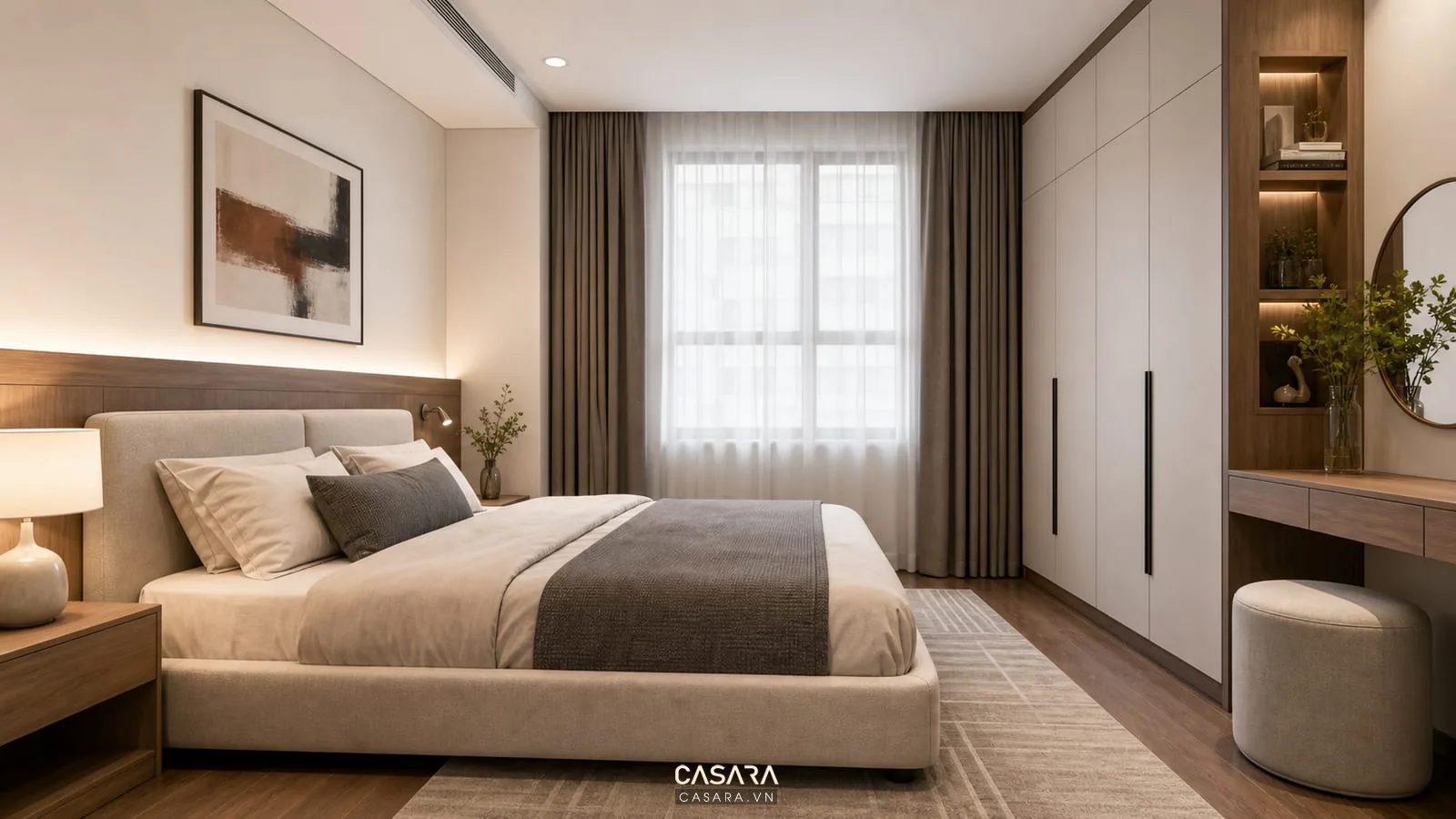 phòng ngủ trong thiết kế nội thất chung cư 90m2 với giường và tủ áo
