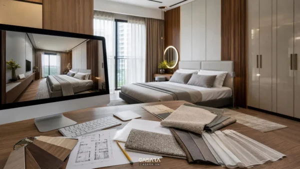 Máy tính trên bàn làm việc hiển thị phối cảnh phòng ngủ bên cạnh bảng vật liệu và bản vẽ mặt bằng