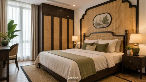 Phòng ngủ chung cư với giường gỗ, vách đầu giường mây đan, tủ áo kịch trần và rèm sáng màu