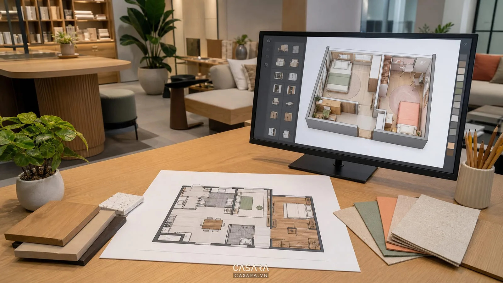 Mặt bằng chung cư 60m2 hai phòng ngủ cạnh máy tính hiển thị phương án AI bố trí giường và tủ áo