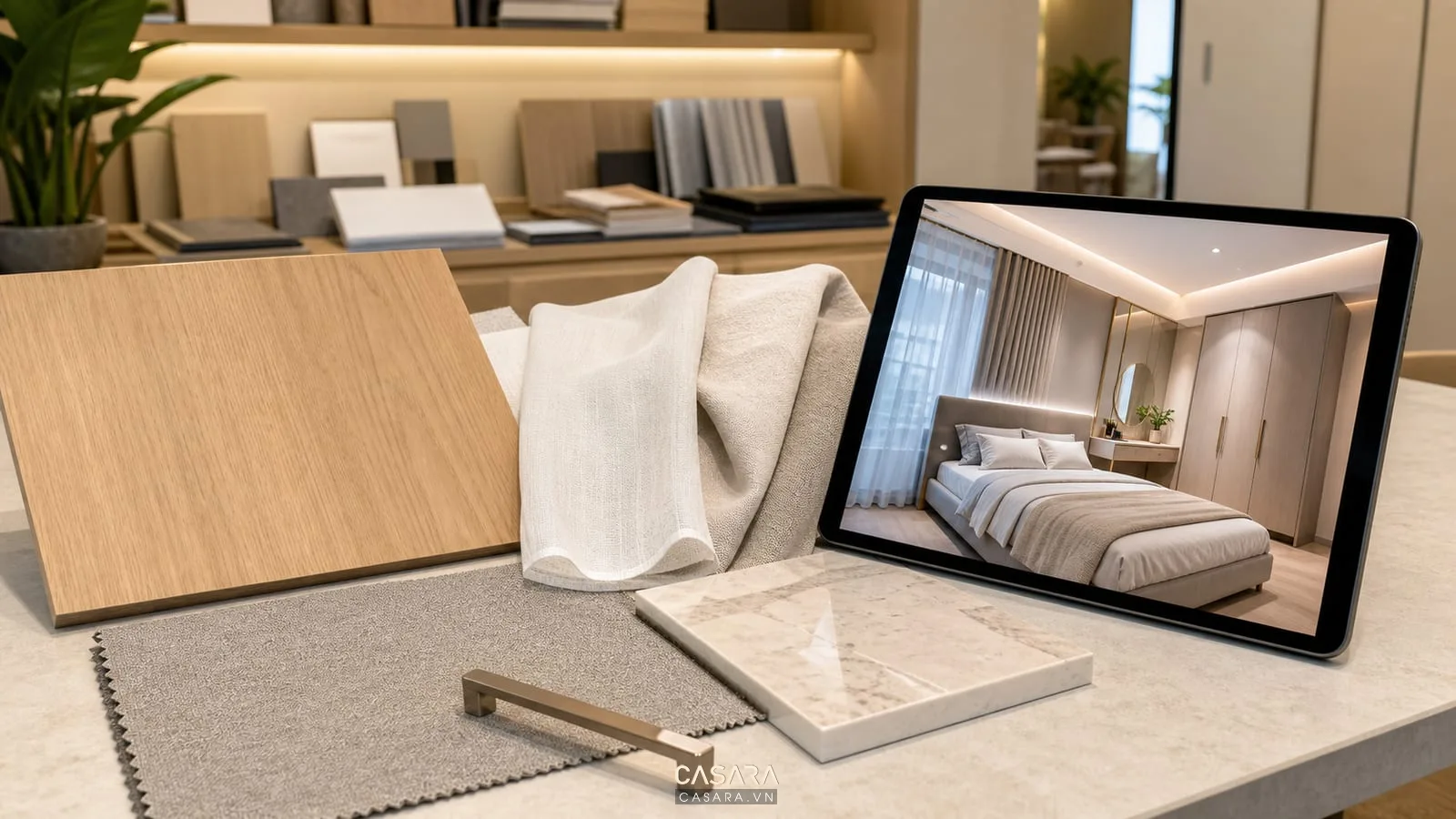Bảng mẫu vật liệu phòng ngủ chung cư với gỗ, vải, rèm và máy tính bảng hiển thị phối cảnh AI