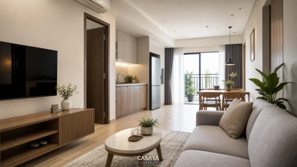 Phòng khách chung cư với sofa xám, kệ tivi gỗ, bếp mở và bàn ăn gần ban công