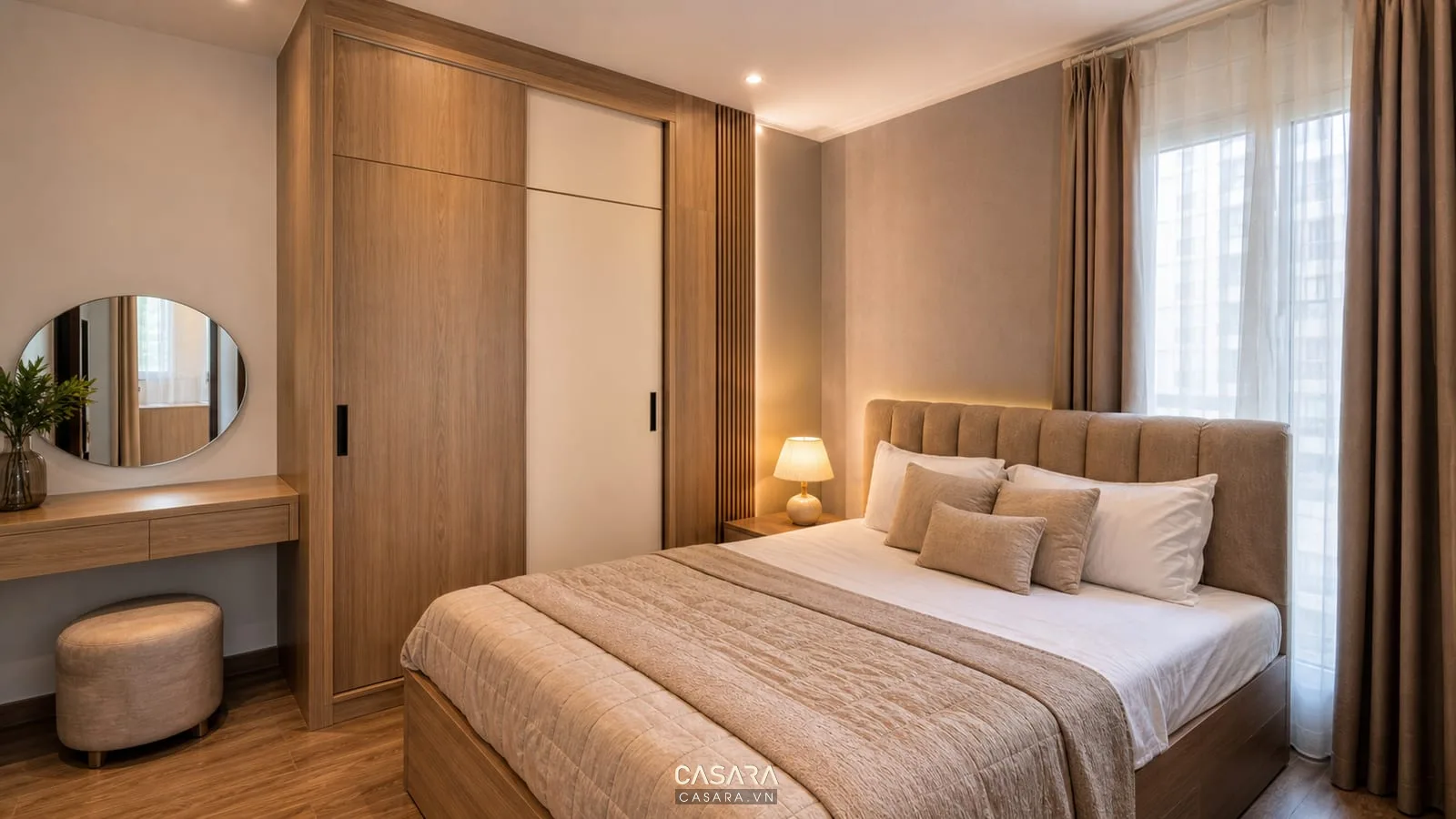 thiết kế nội thất chung cư bcons phòng ngủ có giường đôi đầu giường bọc nệm tủ quần áo cánh lùa bàn trang điểm và đèn ngủ ấm