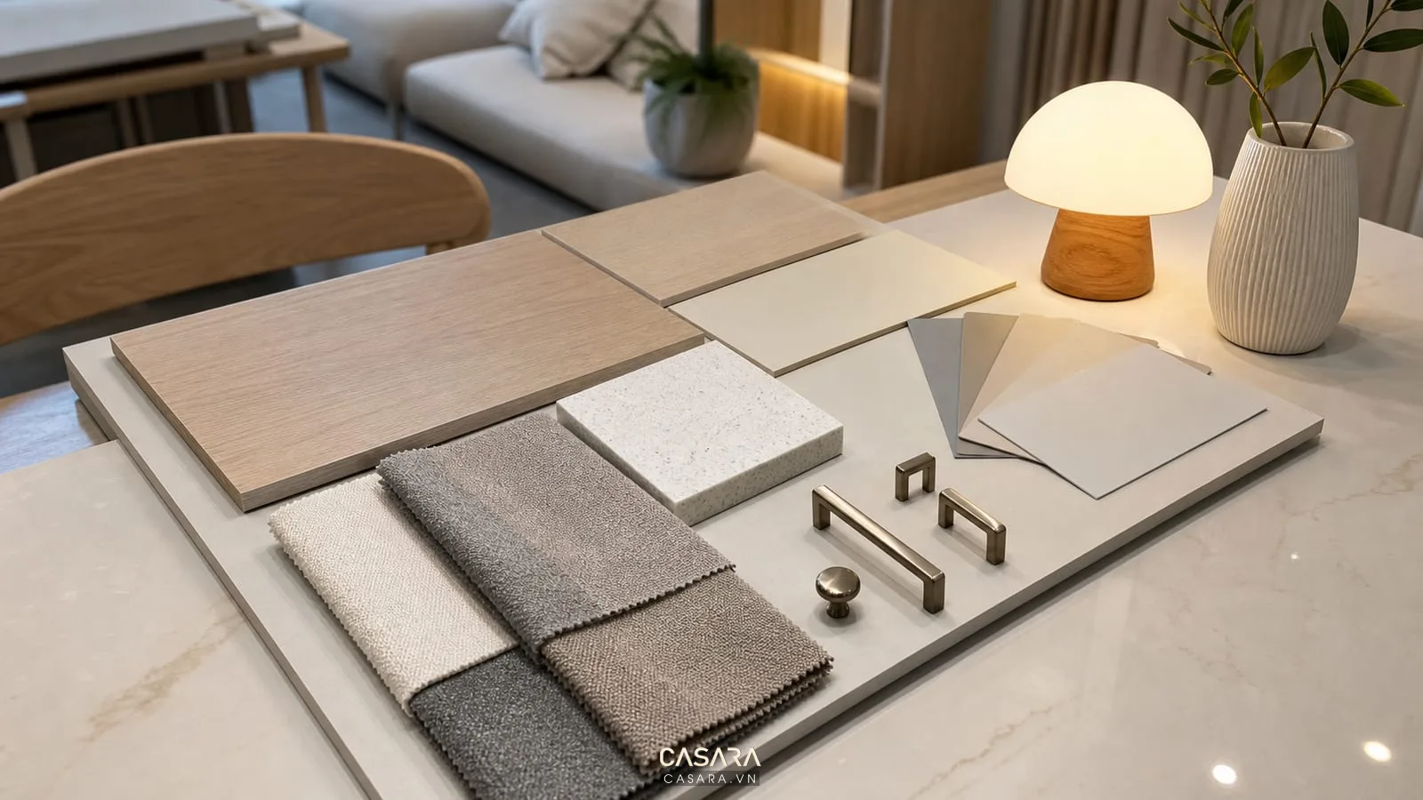 thiết kế nội thất chung cư bcons với bảng vật liệu gỗ sáng đá nhân tạo vải sofa tay nắm kim loại màu sơn trung tính và đèn ấm