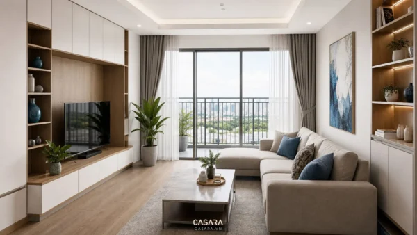 Phòng khách chung cư hiện đại có sofa chữ L, kệ tivi và cửa kính lớn