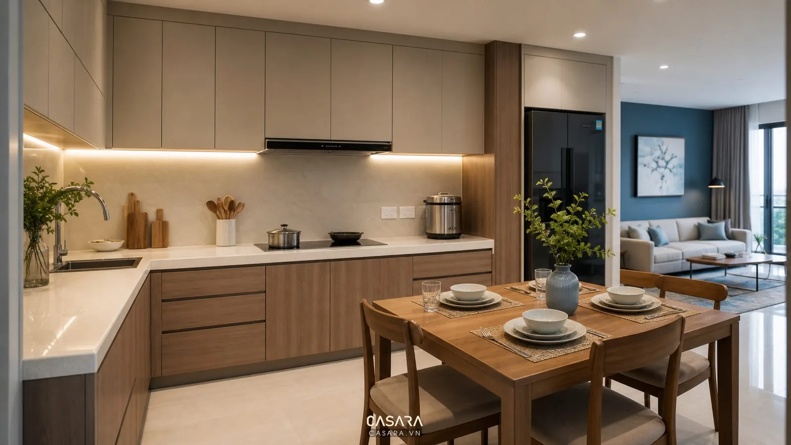 bếp và bàn ăn trong thiết kế nội thất chung cư blue