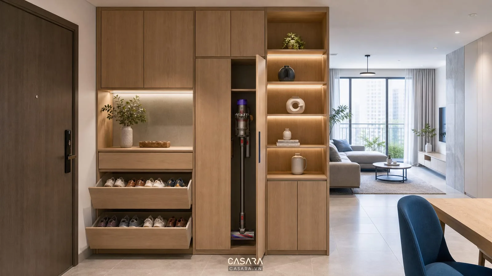 tủ lưu trữ trong thiết kế nội thất chung cư blue cho căn hộ gọn gàng