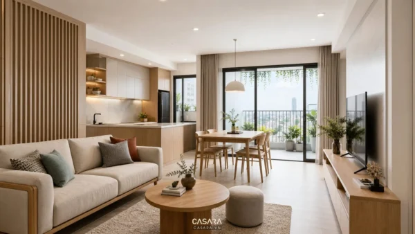 Thiết kế nội thất chung cư Đà Nẵng với phòng khách liền bếp sáng thoáng và tủ gỗ hiện đại
