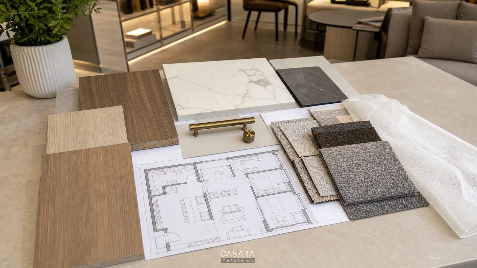 Bảng vật liệu thiết kế nội thất chung cư Đà Nẵng với gỗ, đá, vải sofa và phụ kiện kim loại