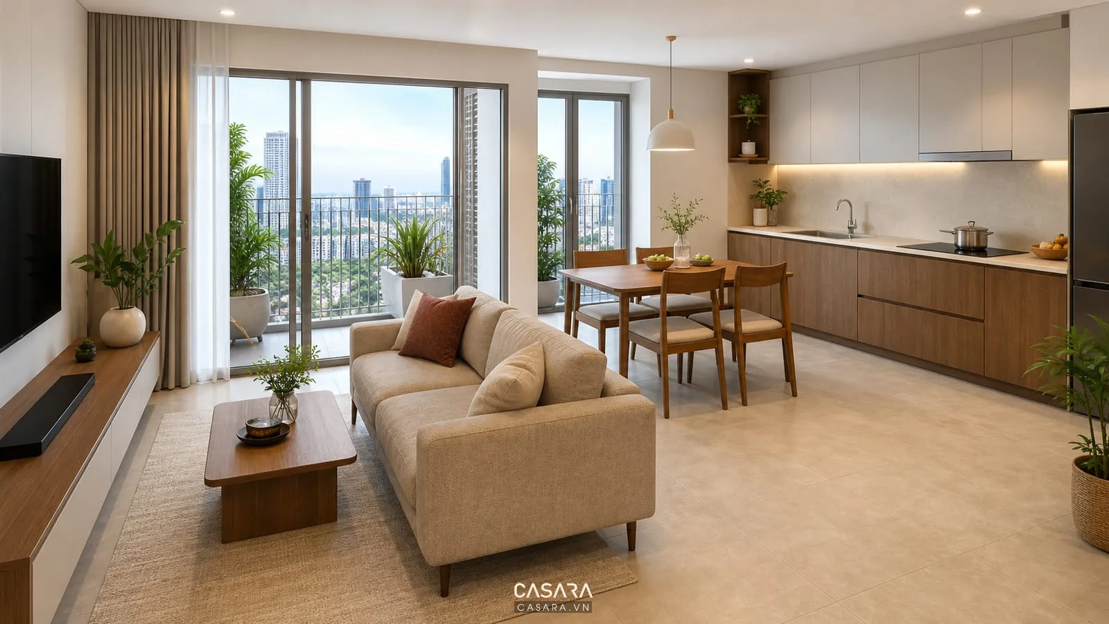 Phòng khách bếp chung cư Đà Nẵng hiện đại với sofa, tủ bếp chữ L và bàn ăn bốn ghế