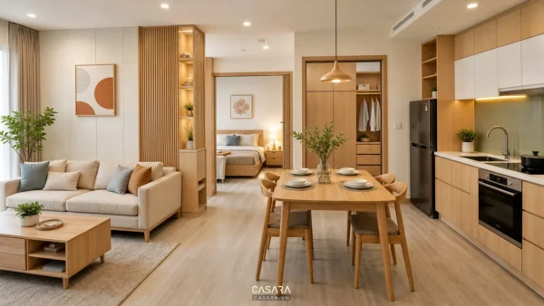 Căn hộ có phòng khách bếp liên thông, bàn ăn gỗ sáng và phòng ngủ phía sau