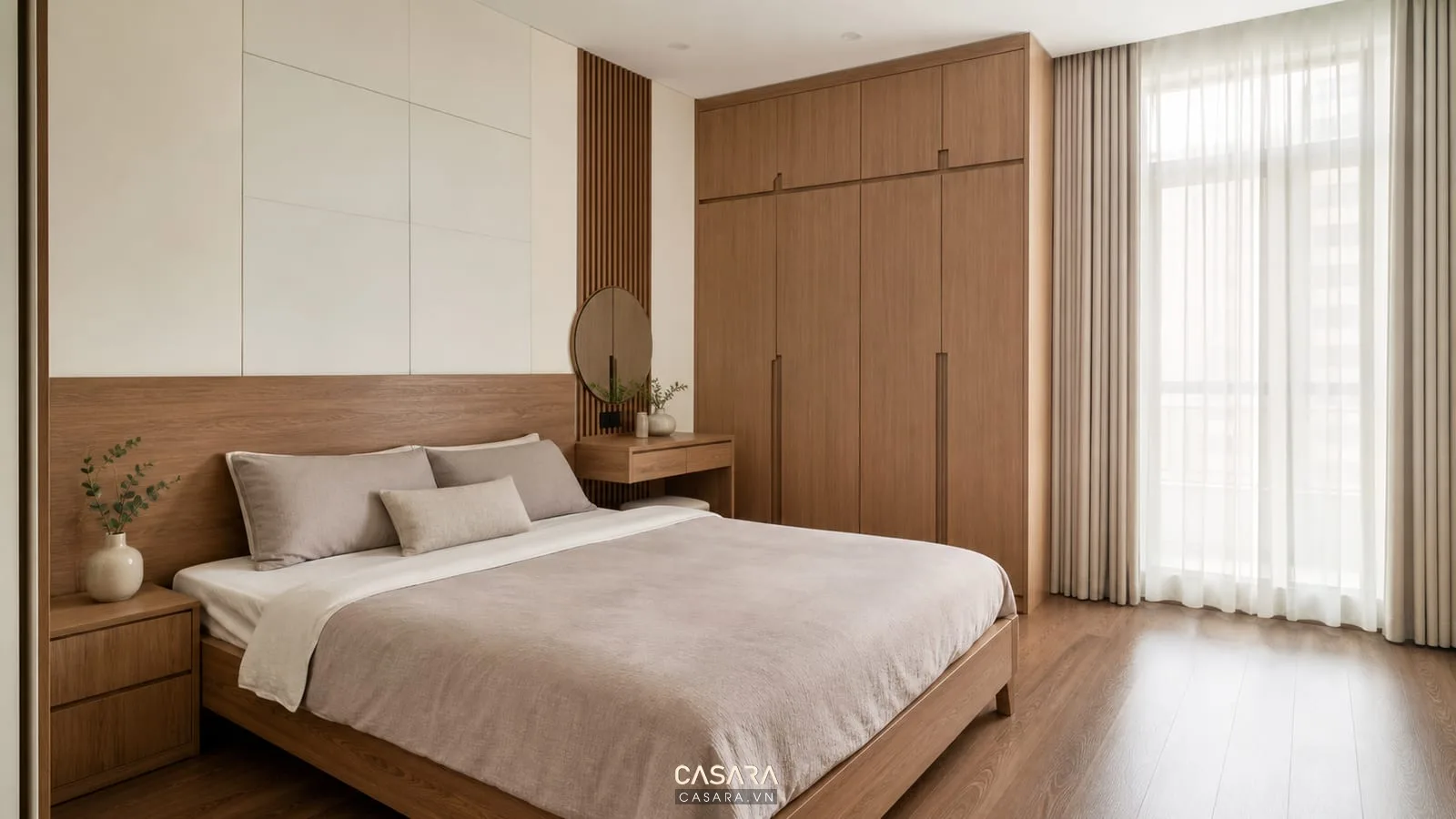 Phòng ngủ chung cư giá rẻ với giường và tủ quần áo gọn đẹp