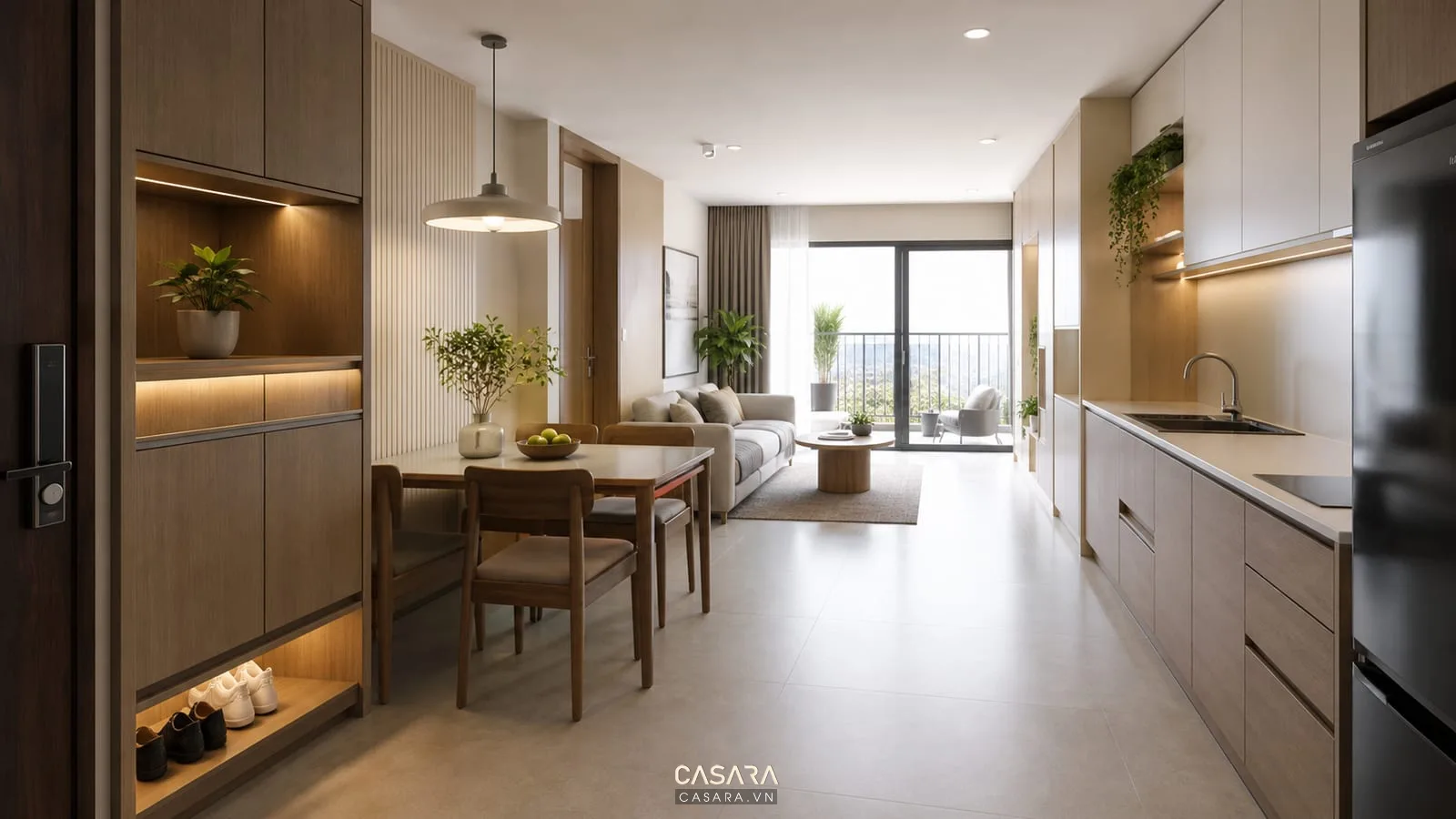 Thiết kế nội thất chung cư 56m2 liên thông phòng khách bếp bàn ăn