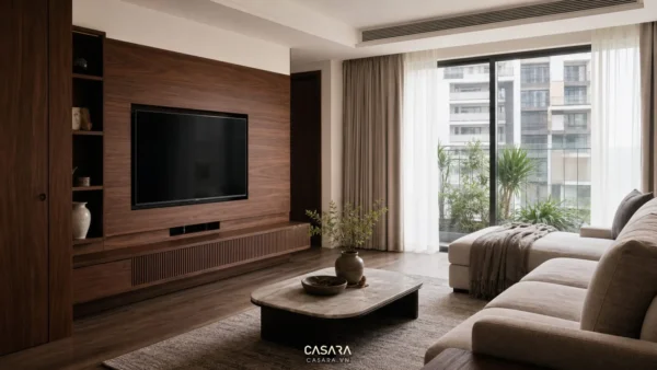 Phòng khách chung cư có vách tivi ốp gỗ, sofa màu trung tính và cửa kính lớn