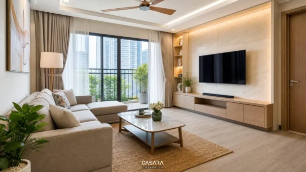 Phòng khách căn hộ với sofa góc, cửa kính lớn và kệ tivi gọn gàng