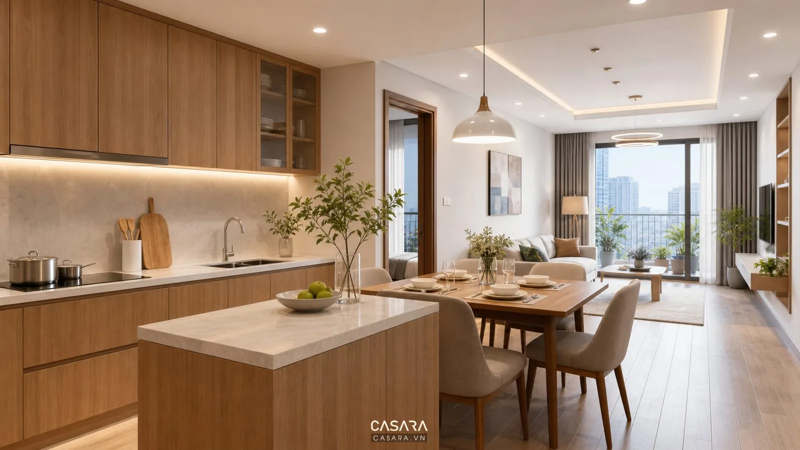 Bếp mở trong thiết kế nội thất chung cư Goldmark City với tủ bếp và bàn ăn hiện đại